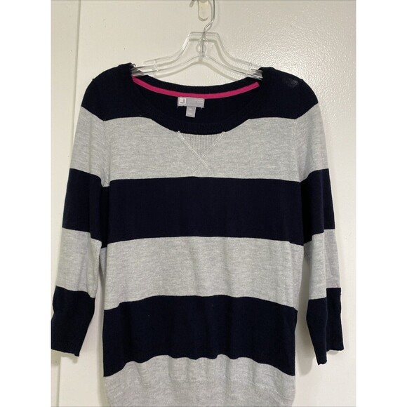 JCP Pullover Sweater Top Womens Size M Black Striped Cashmere Blend Sleeve 3/4 - Picture 5 of 14